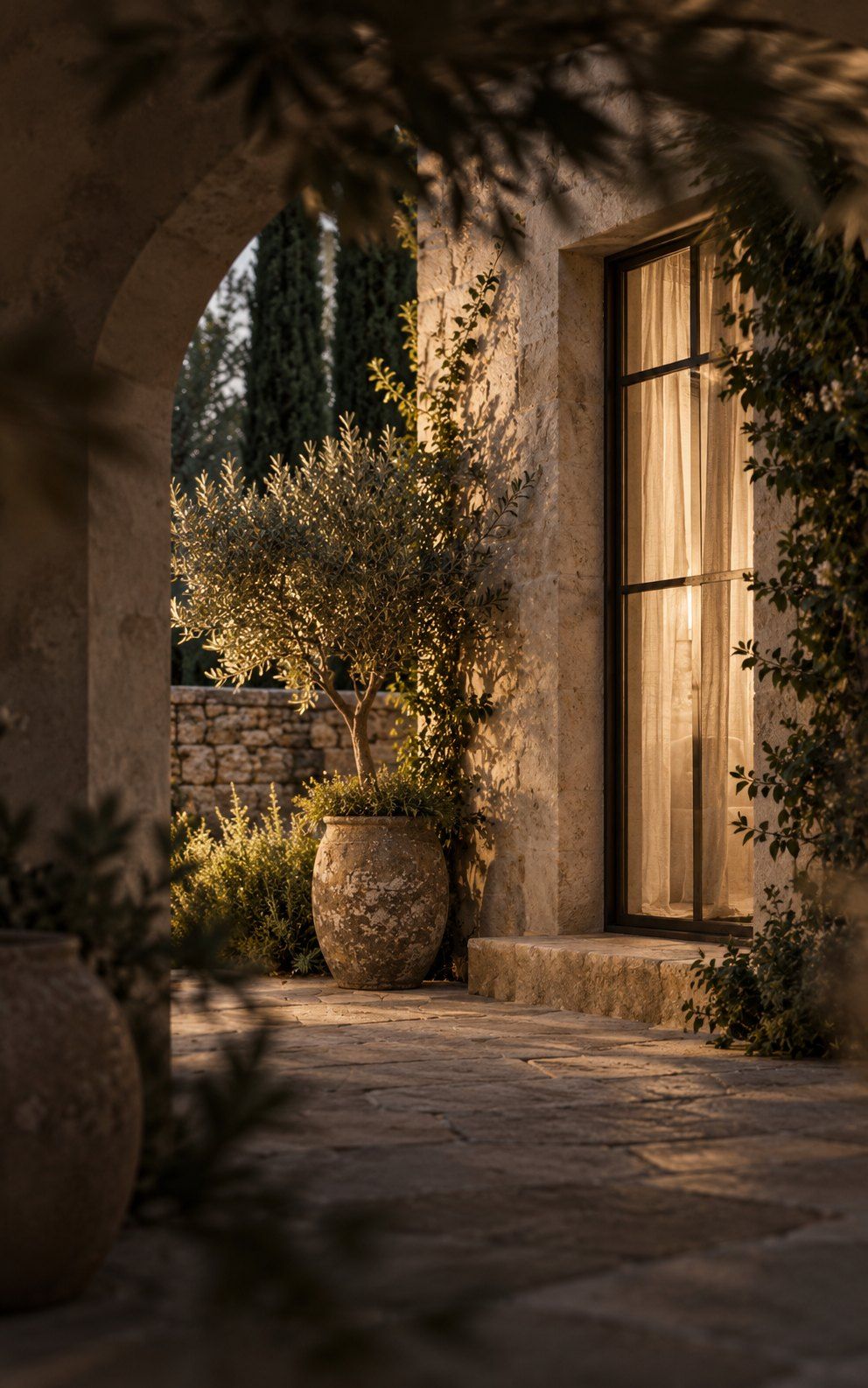 A closed door at the end of a quiet stone hallway