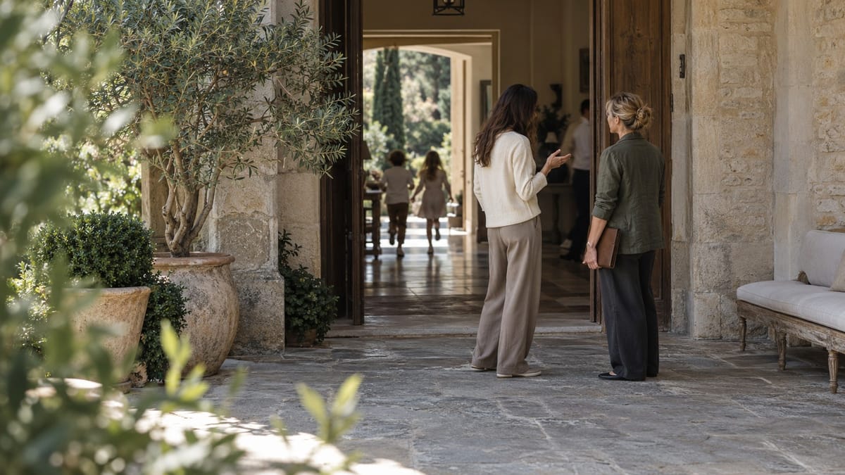 Two women talk at the open doors of a stone house while children run through the hall beyond