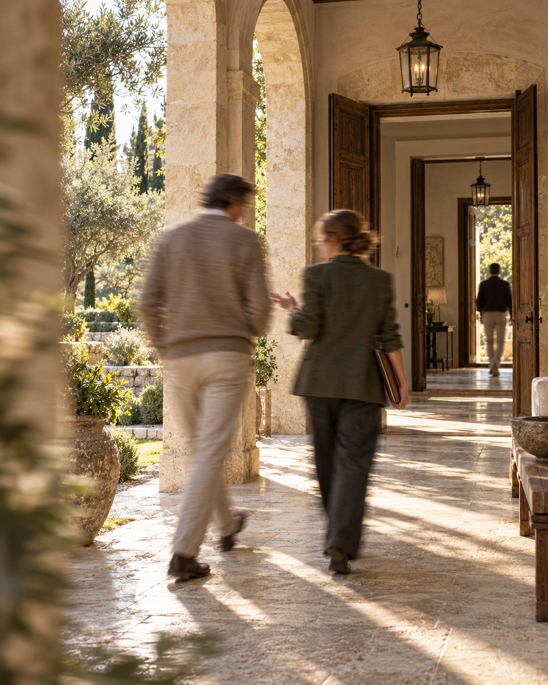 A man and his assistant walk and talk along a sunlit stone loggia towards the open doors of a house