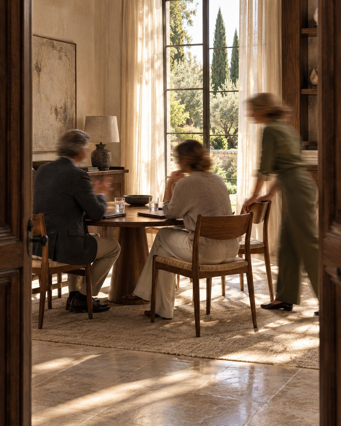 Two founders at a round table in a sunlit study while their assistant passes behind them