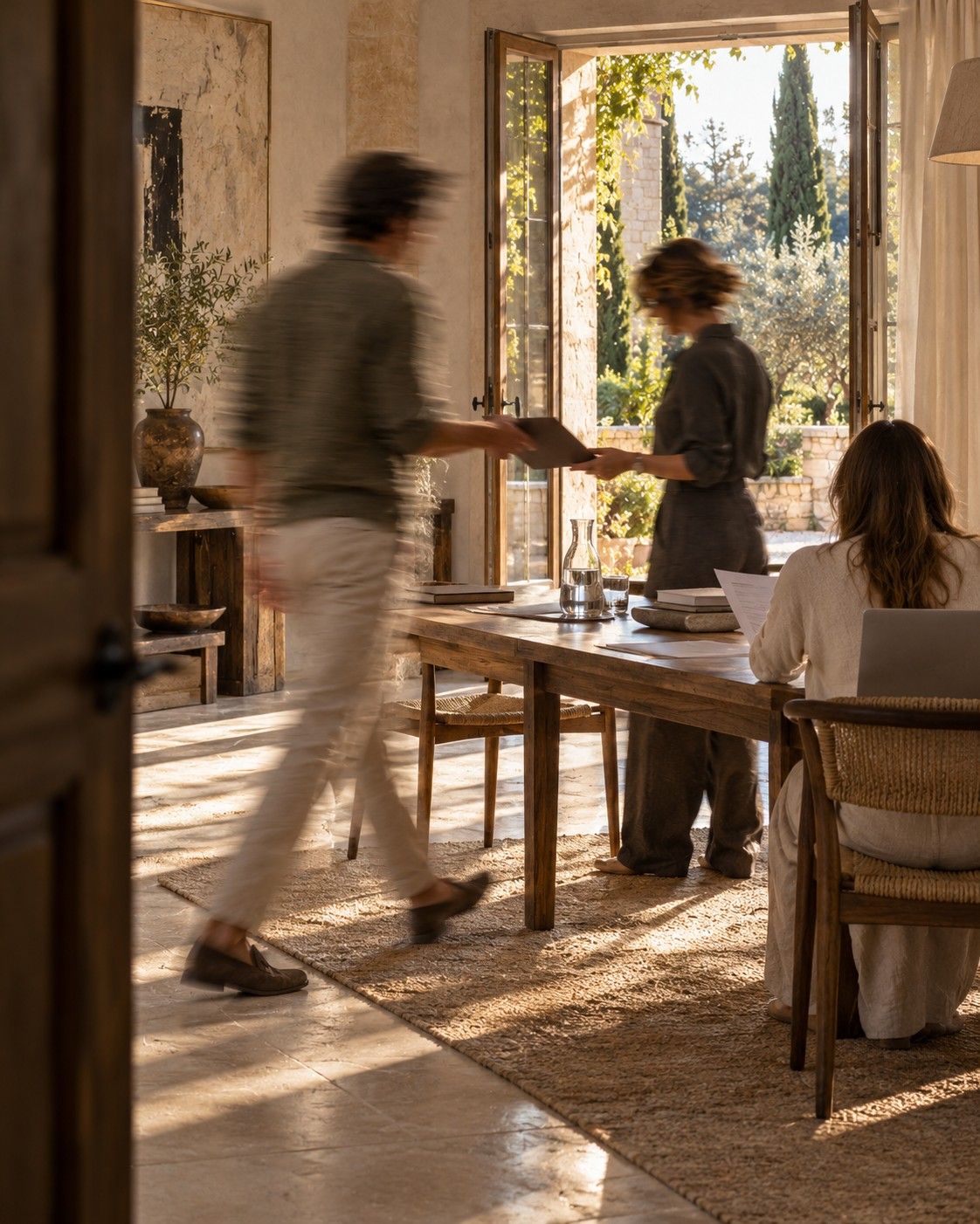 A small team at a long table by open garden doors, papers passed from hand to hand