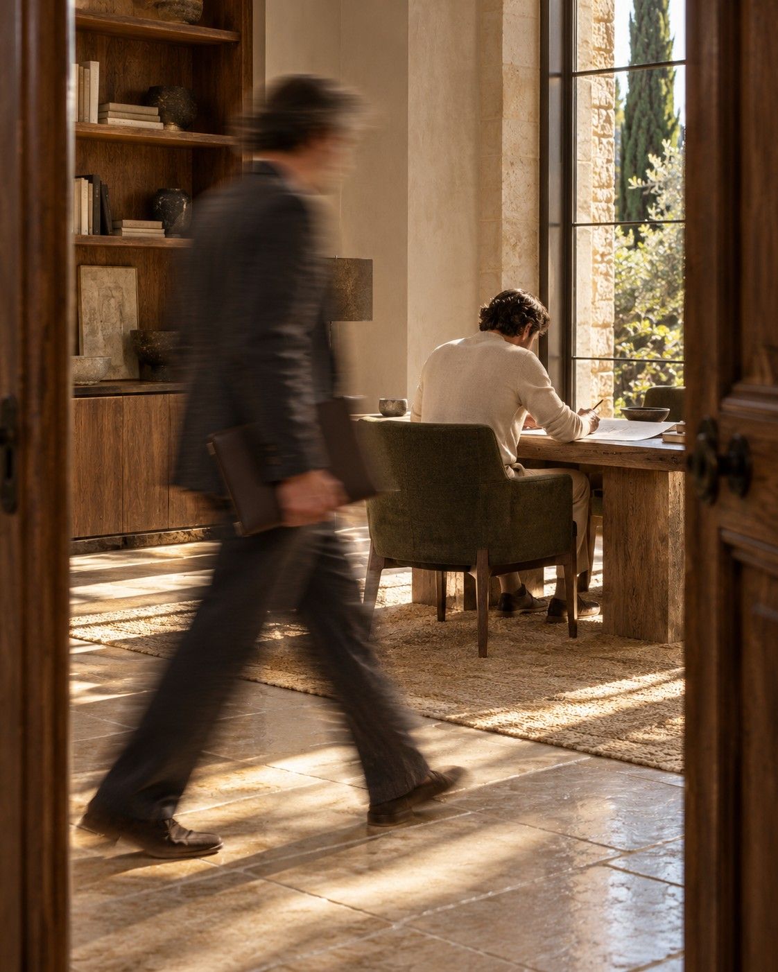 A man working at a long table by a tall window as an assistant walks past with a leather folder