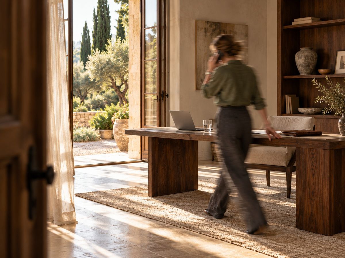 An assistant on the phone crosses a sunlit study, one hand on the desk, garden doors open beyond
