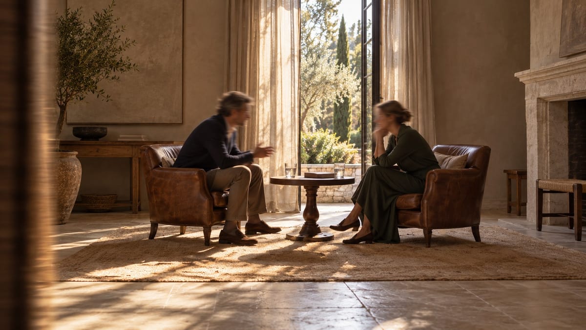 Two people talk in leather armchairs either side of a small table, garden doors open behind them