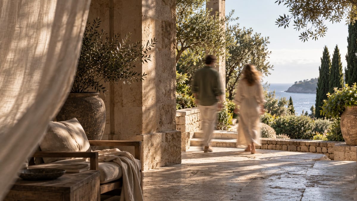 A stone loggia with arches looking over a garden