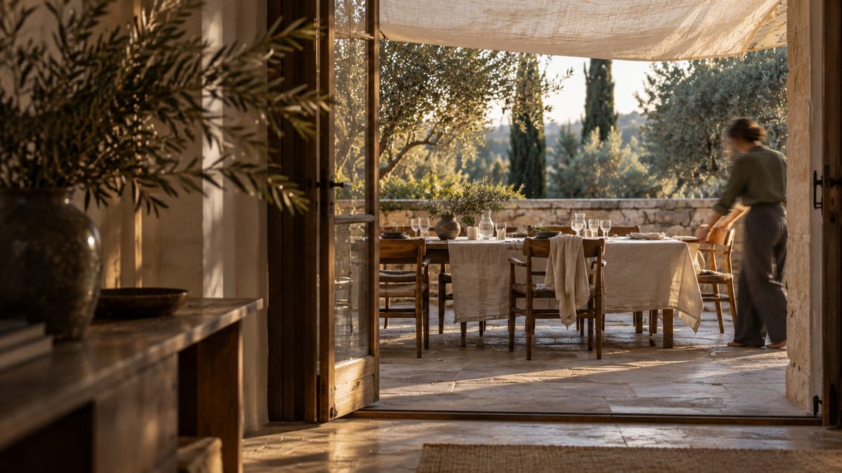 A stone terrace above a garden with cypress trees beyond