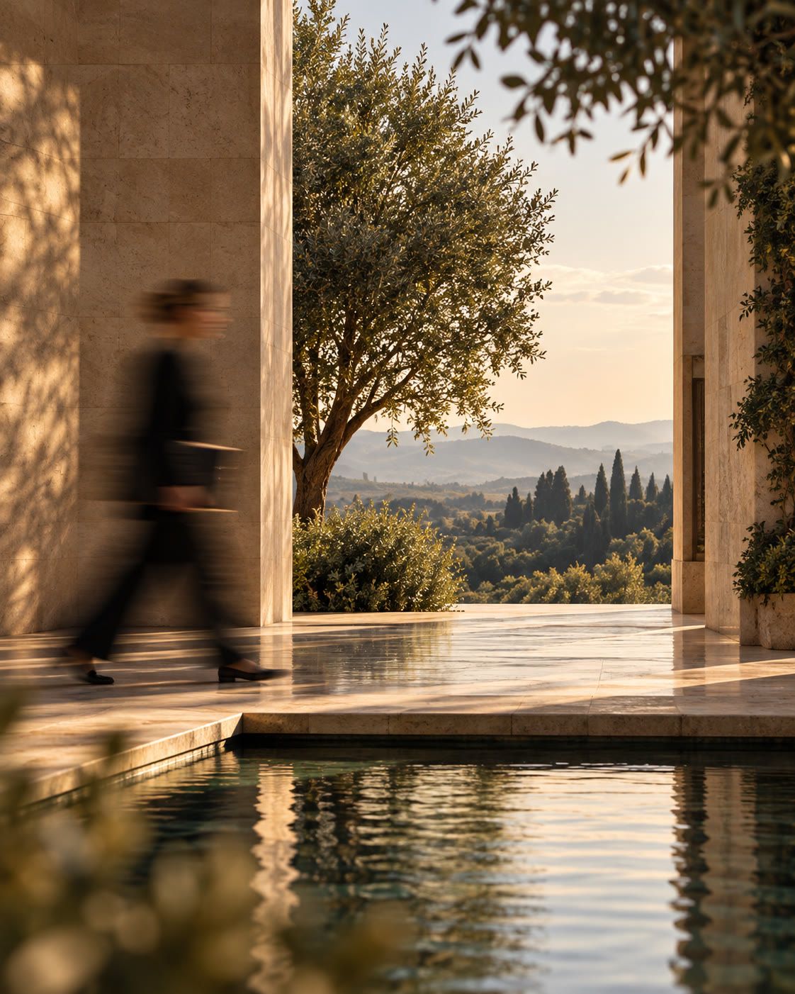 A figure walking past a still pool in a stone villa, an olive tree and cypress hills beyond
