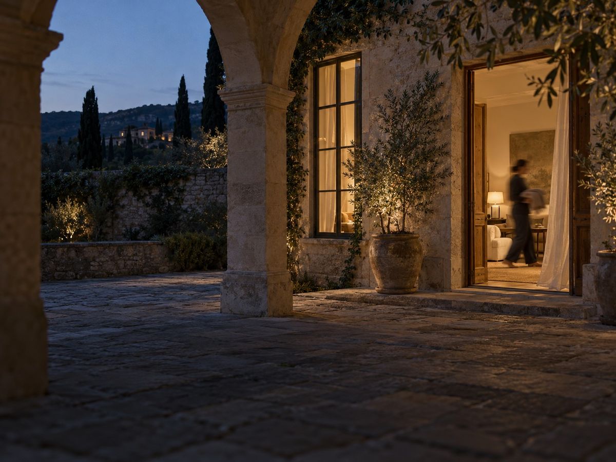 A stone house at dusk, lamps lit inside as a figure passes the open doors
