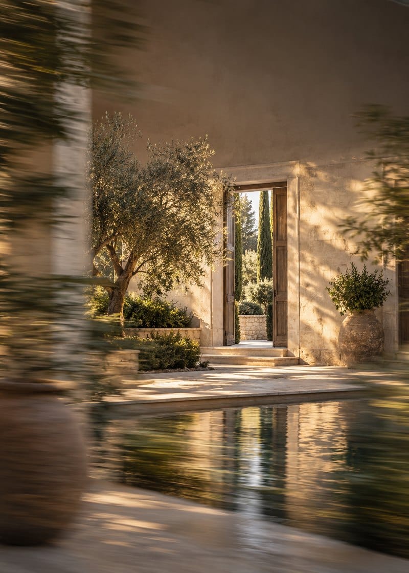 A stone courtyard with sunlight on the paving